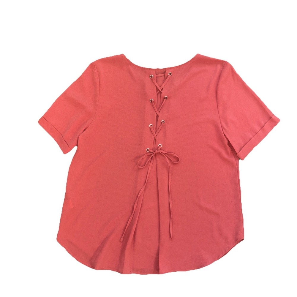 Sweet Rain Womens Coral Pink Lace Up Back Short Sleeve Blouse Top Sz L T31705